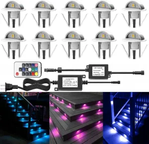 10 Pack LED Stair Lights Kit Outdoor 1-2/5" 0.2W-0.4W Low Voltage Waterproof IP65 Multi-Color RGB Recessed Wood LED Deck Lighting Yard Garden Patio Step Landscape Pathway Decor Lamps(RGB)