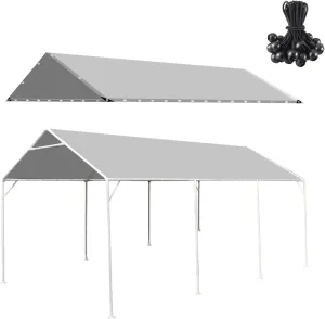 10 x 20 Ft Heavy Duty Carport Replacement Canopy Waterproof & UV Protected Garage Top Tent Shelter Tarp with 44 Ball Bungees Cords, Only Top Cover, Silver Grey
