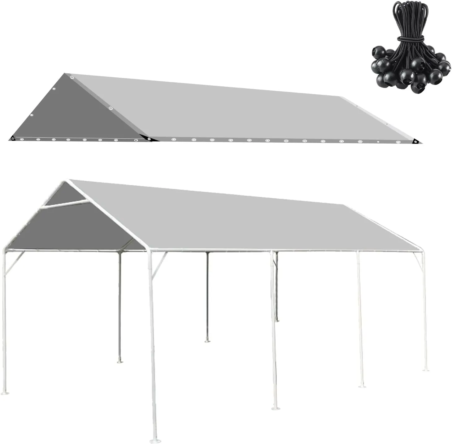 10 x 20 Ft Heavy Duty Carport Replacement Canopy Waterproof & UV Protected Garage Top Tent Shelter Tarp with 44 Ball Bungees Cords, Only Top Cover, Silver Grey