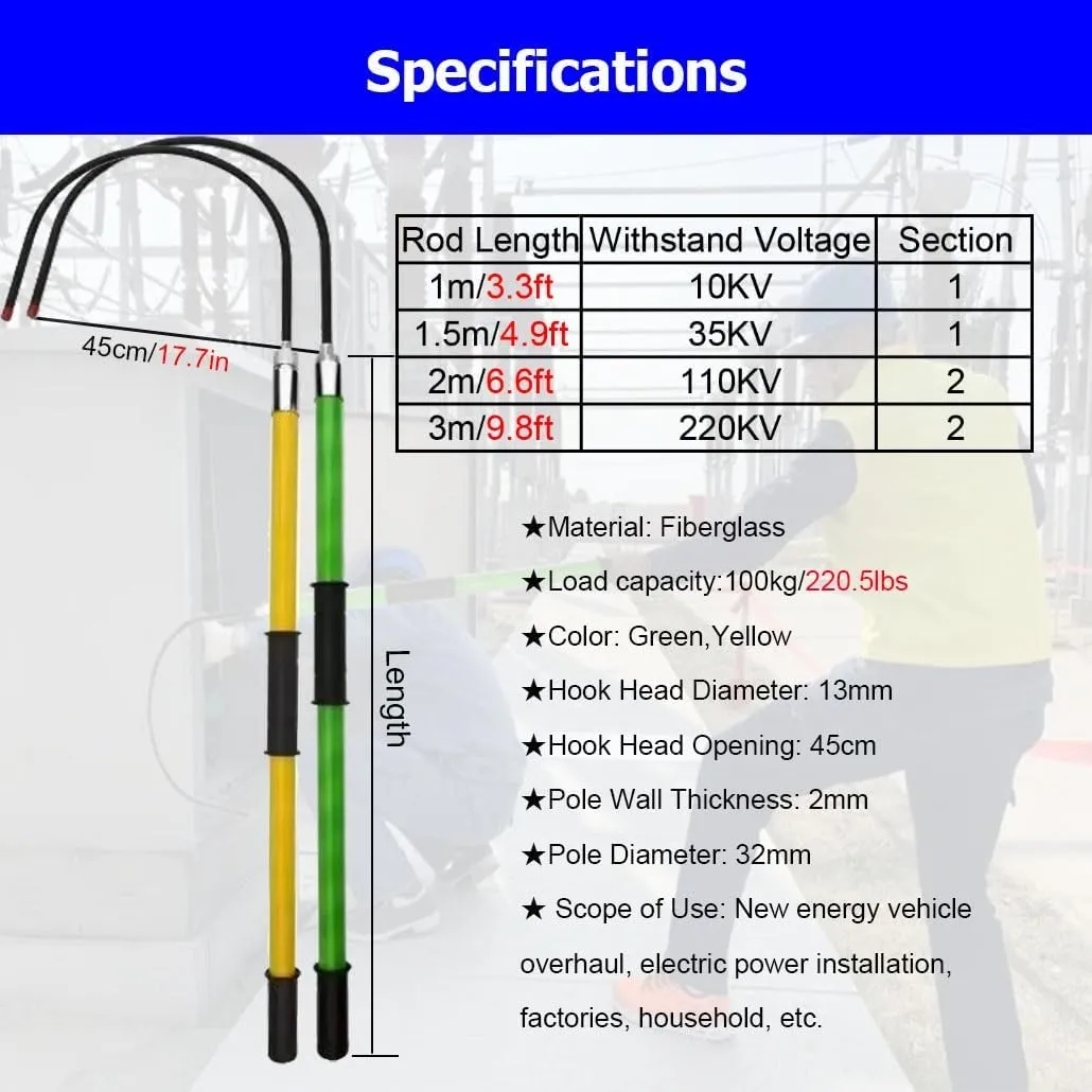 1.0/1.5/2.0/3.0 m Length Detachable High Voltage Insulated Rescue Hook with Telescopic Pole, Anti-Electrocution Rescue Hook(Green,2.0m/6.6ft)