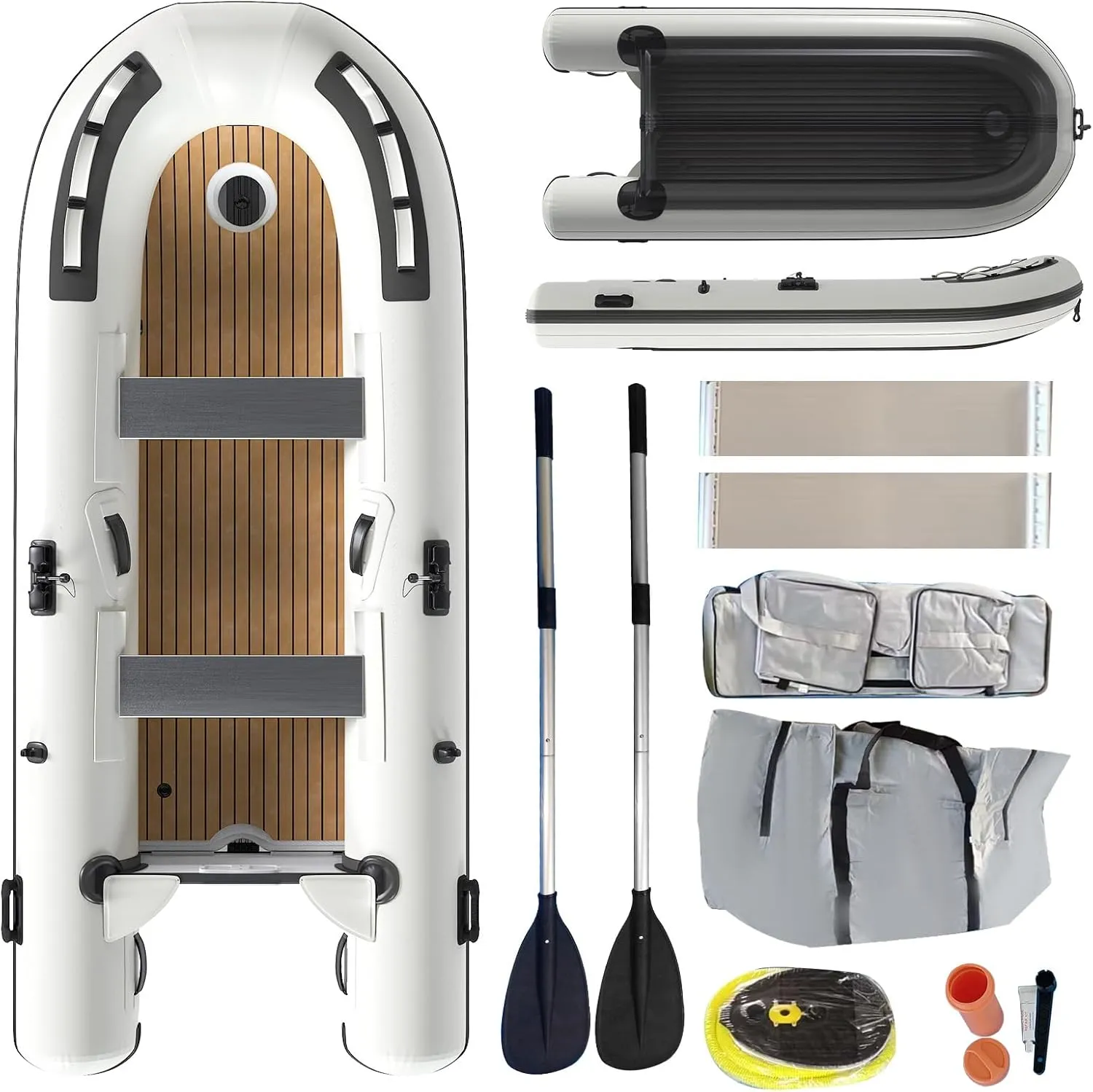 10.5ft Inflatable Dinghy Boat, 1200 lbs Capacity, Fishing Rafting Transom Sport Tender, Inflatable Pontoon Boat for Adults, EVA Foam Floor, 2 Aluminum Seats, 6 Handles, 2 Paddle Holders