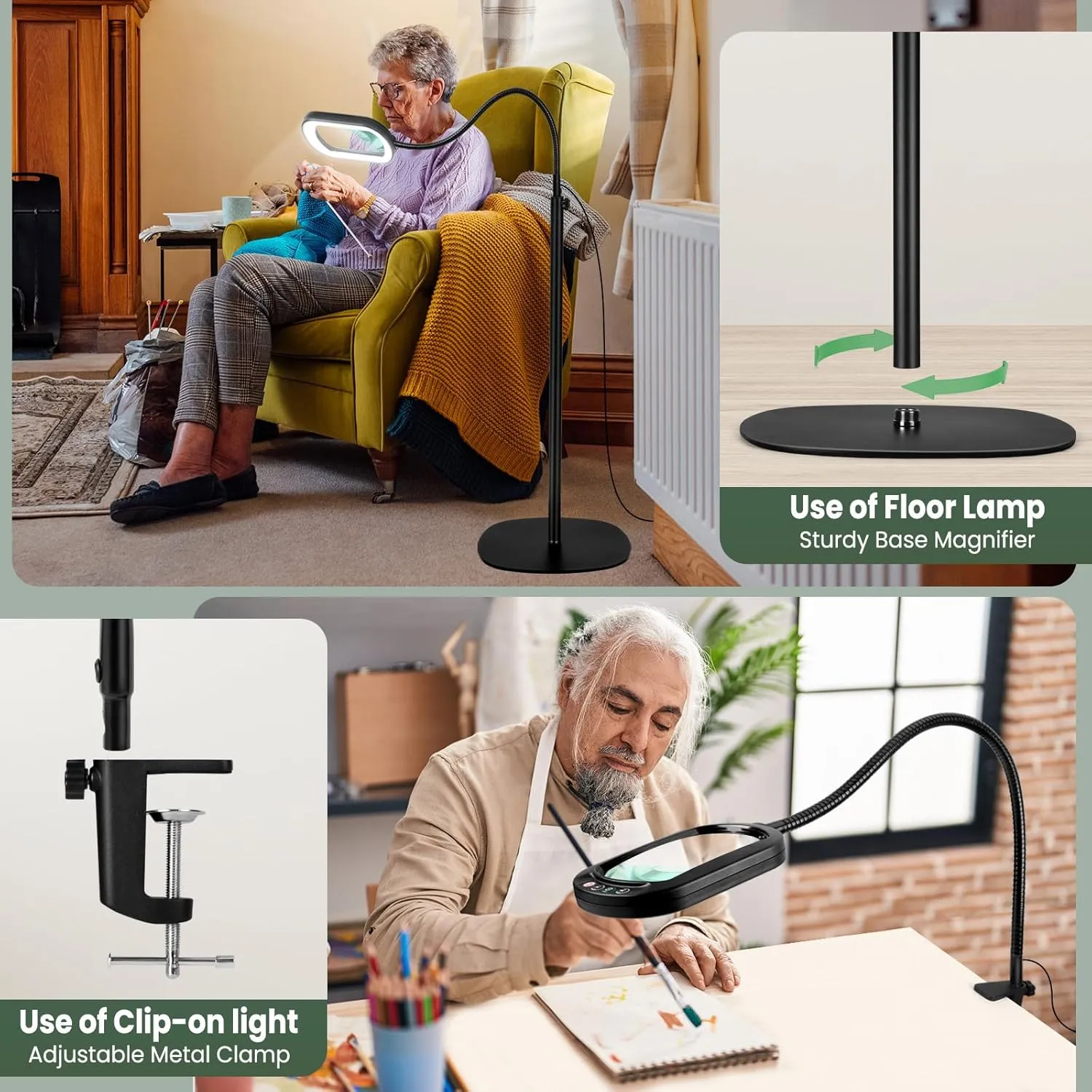 10X Rectangular Magnifying Glass with Light and Stand, 24" Flexible Gooseneck Floor Lamp, 3-in-1 LED 5 Color Modes, Brightness Stepless Dimmable Lighted Magnifier Hands Free for Craft, Hobby, Reading