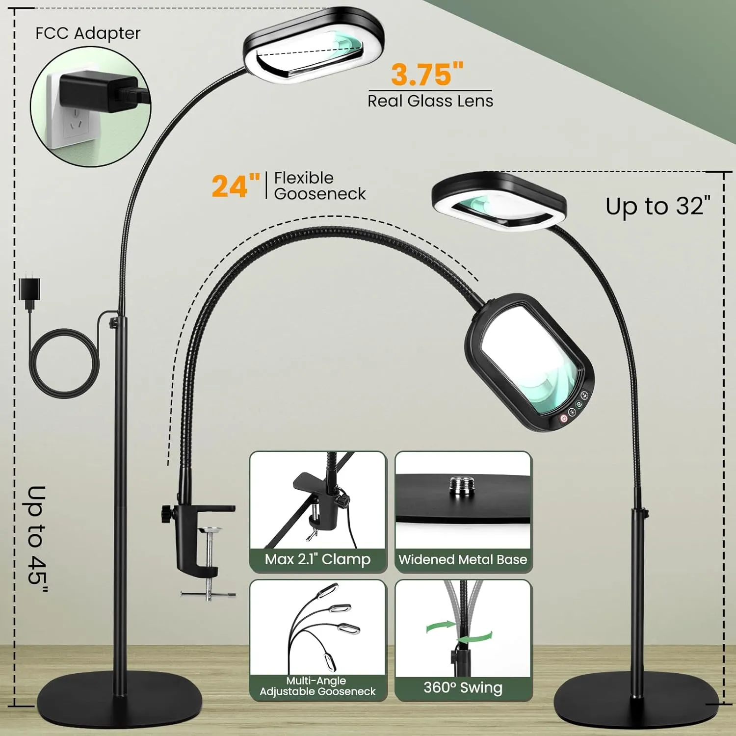 10X Rectangular Magnifying Glass with Light and Stand, 24" Flexible Gooseneck Floor Lamp, 3-in-1 LED 5 Color Modes, Brightness Stepless Dimmable Lighted Magnifier Hands Free for Craft, Hobby, Reading