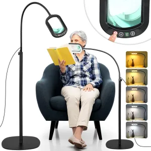 10X Rectangular Magnifying Glass with Light and Stand, 24" Flexible Gooseneck Floor Lamp, 3-in-1 LED 5 Color Modes, Brightness Stepless Dimmable Lighted Magnifier Hands Free for Craft, Hobby, Reading