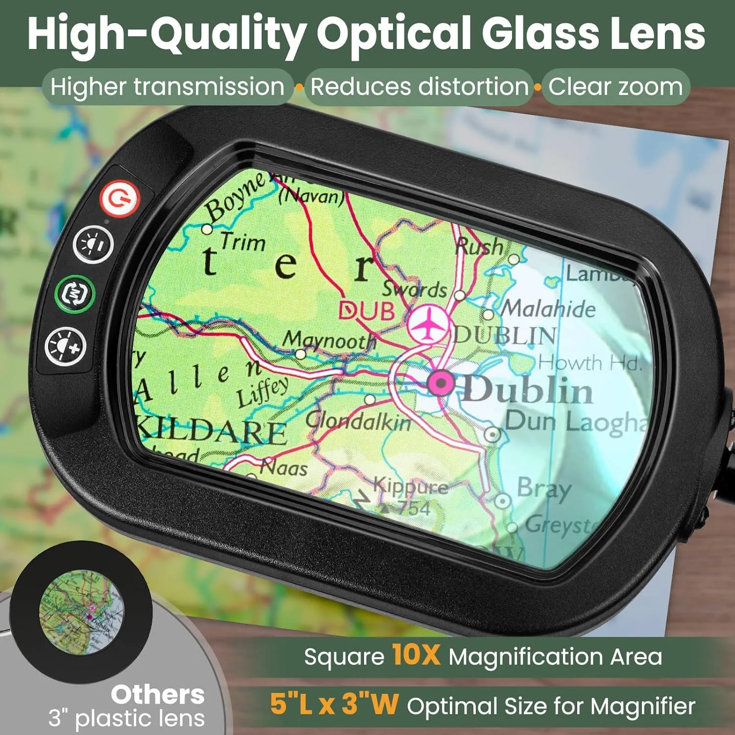 10X Rectangular Magnifying Glass with Light and Stand, 24" Flexible Gooseneck Floor Lamp, 3-in-1 LED 5 Color Modes, Brightness Stepless Dimmable Lighted Magnifier Hands Free for Craft, Hobby, Reading
