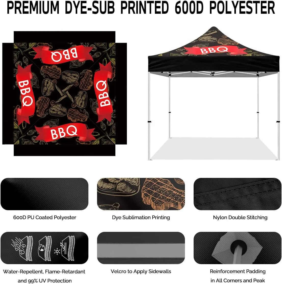 10x10 BBQ Themed Pop Up Canopy Tent, ABLEM8CANOPY Heavy Duty Canopy for Outdoor Barbecue and Grill Catering, Portable Market Event Canopy Tent with Roller Bag, Back Wall, Sidewalls and Rails
