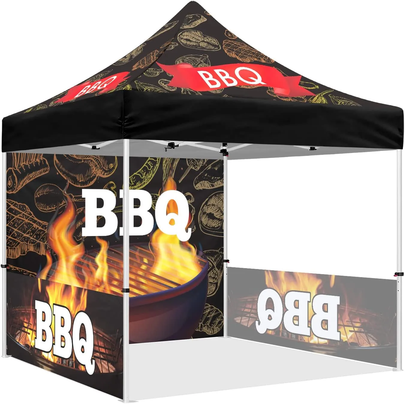 10x10 BBQ Themed Pop Up Canopy Tent, ABLEM8CANOPY Heavy Duty Canopy for Outdoor Barbecue and Grill Catering, Portable Market Event Canopy Tent with Roller Bag, Back Wall, Sidewalls and Rails