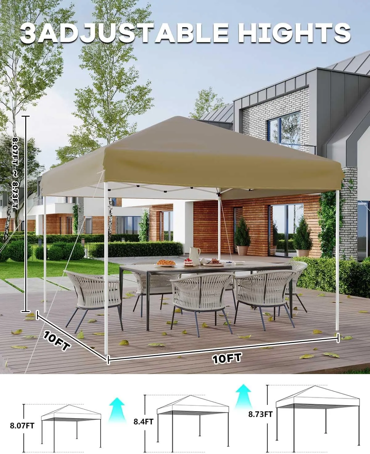 10x10 Pop Up Canopy Tent, Outdoor Canopy Tent with 3 Adjustable Height, Easy Set Up Canopy with 4 Sandbags & Carrying Bag for Camping, Parties,Outdoor Events - Khaki