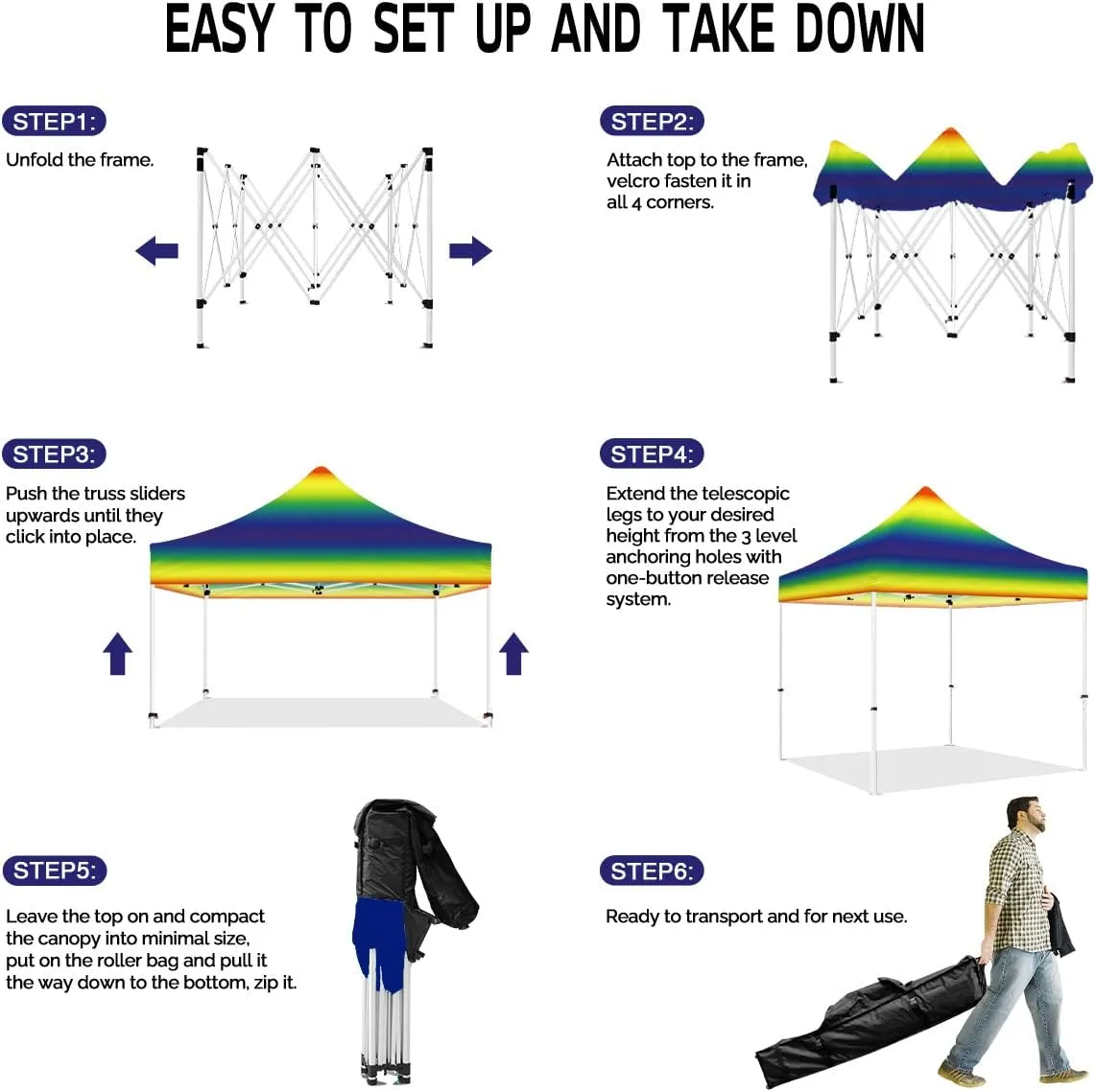 10x10 Pop Up Canopy Tent with Sidewalls, ABLEM8CANOPY ULTRA8 Series Heavy Duty Instant Canopy Shade Tent for Outdoor Commercial or Sport Event, Patio, Tailgating, Backyard(Rainbow, No Wall)