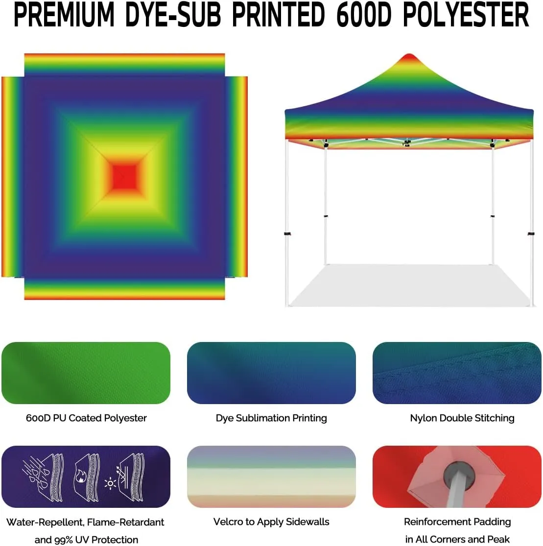 10x10 Pop Up Canopy Tent with Sidewalls, ABLEM8CANOPY ULTRA8 Series Heavy Duty Instant Canopy Shade Tent for Outdoor Commercial or Sport Event, Patio, Tailgating, Backyard(Rainbow, No Wall)