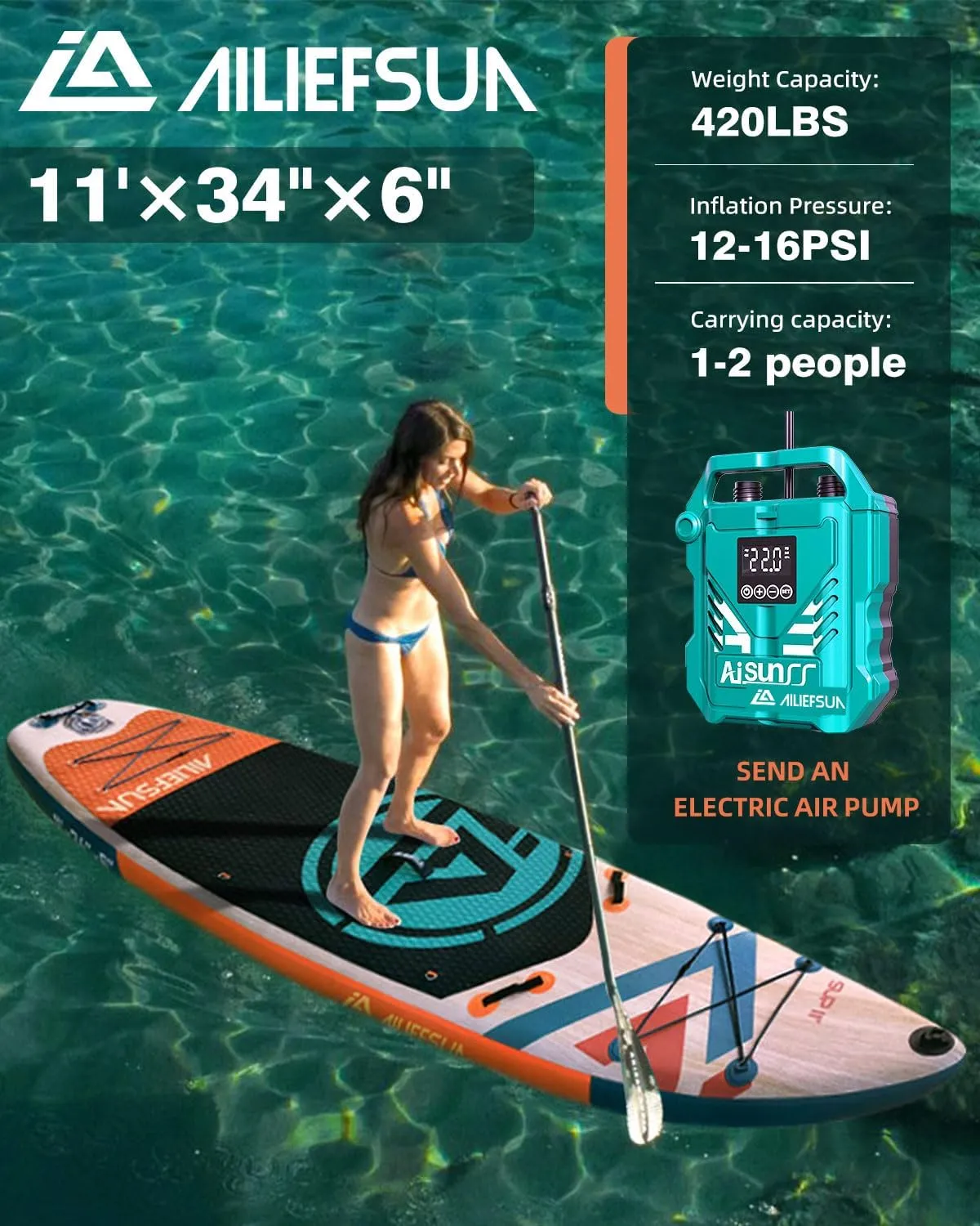 11“*34”*6“ Electric Inflator Pump Stand Up Paddle Board Inflatable Stable Fast Sup Board with Fishing Paddleboards Accessories for Adults Youth Wide Non-Slip Deck Surfboard (Wood Grain)