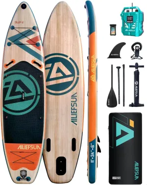 11“*34”*6“ Electric Inflator Pump Stand Up Paddle Board Inflatable Stable Fast Sup Board with Fishing Paddleboards Accessories for Adults Youth Wide Non-Slip Deck Surfboard (Wood Grain)
