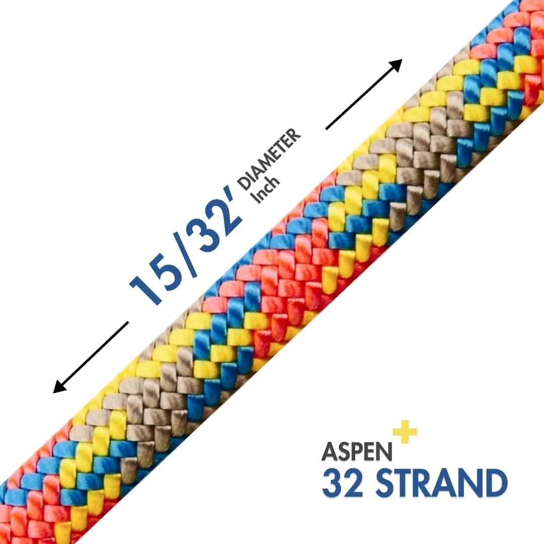 11.7mm Aspen Kernmantle Static 32 Strand Arborist Climbing Rope for Single Rope Technique(Two Sewn Eyes, 200ft)