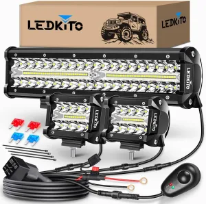 12 inch LED Light Bar And 2PCS 4 Inch LED Pods With Switch 3 Lead Off Road Wiring Harness Kit Triple Row Spot Flood Combo Light Bar Pods Kit for Off road UTV ATV Trucks Boat