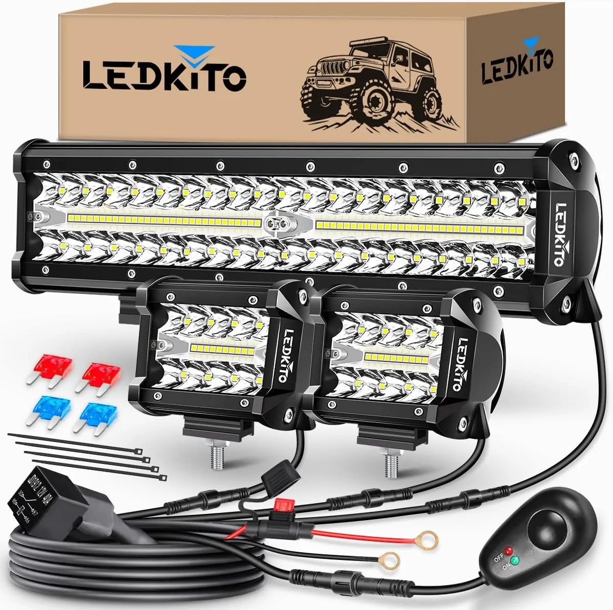 12 inch LED Light Bar And 2PCS 4 Inch LED Pods With Switch 3 Lead Off Road Wiring Harness Kit Triple Row Spot Flood Combo Light Bar Pods Kit for Off road UTV ATV Trucks Boat