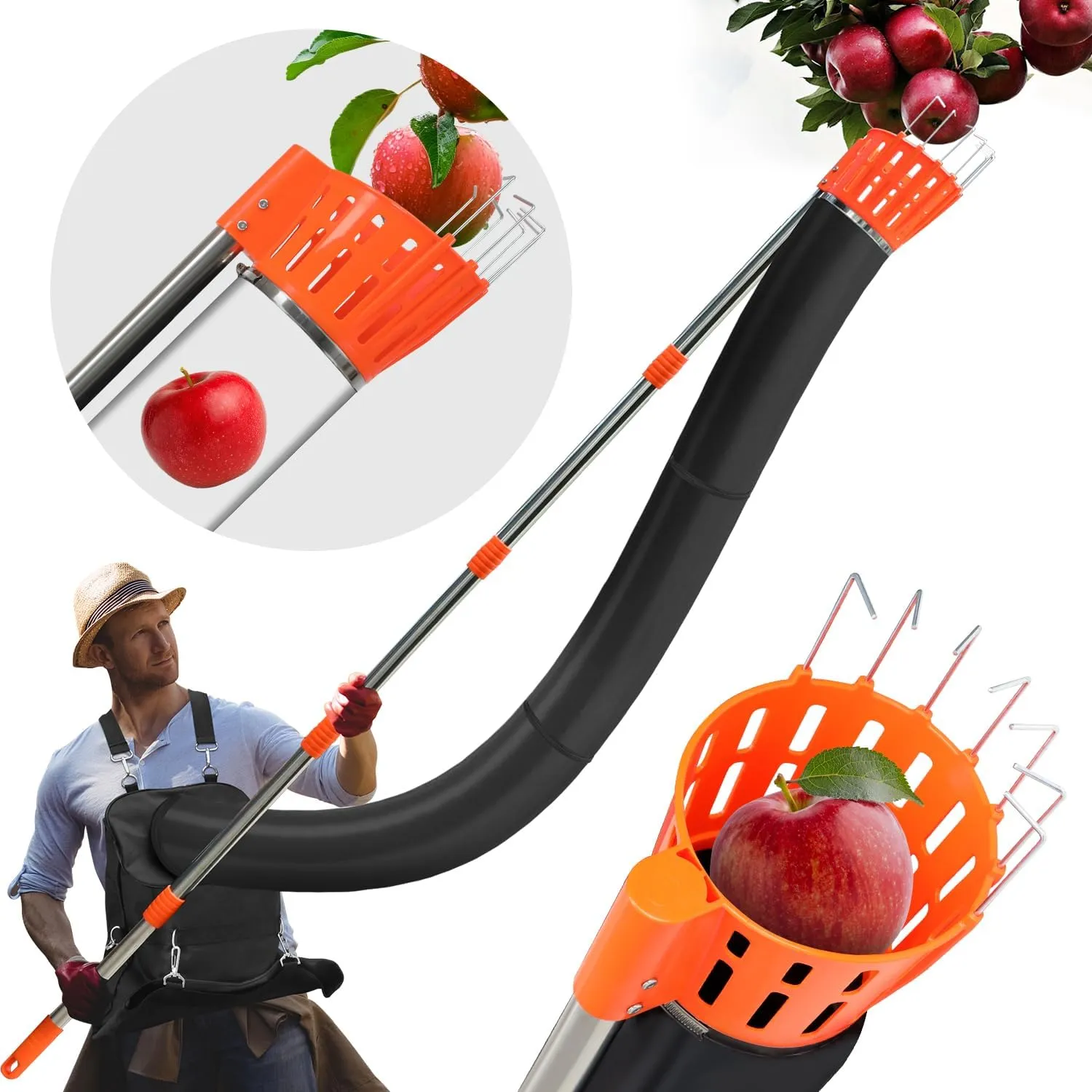 13Ft Professional Fruit Picker with Collection Funnel and Bag - Adjustable Segmented Pole for Continuous Harvesting, 5.1" Diameter Basket Suitable for Apples Avocados Cherries Lemons Mangoes & More