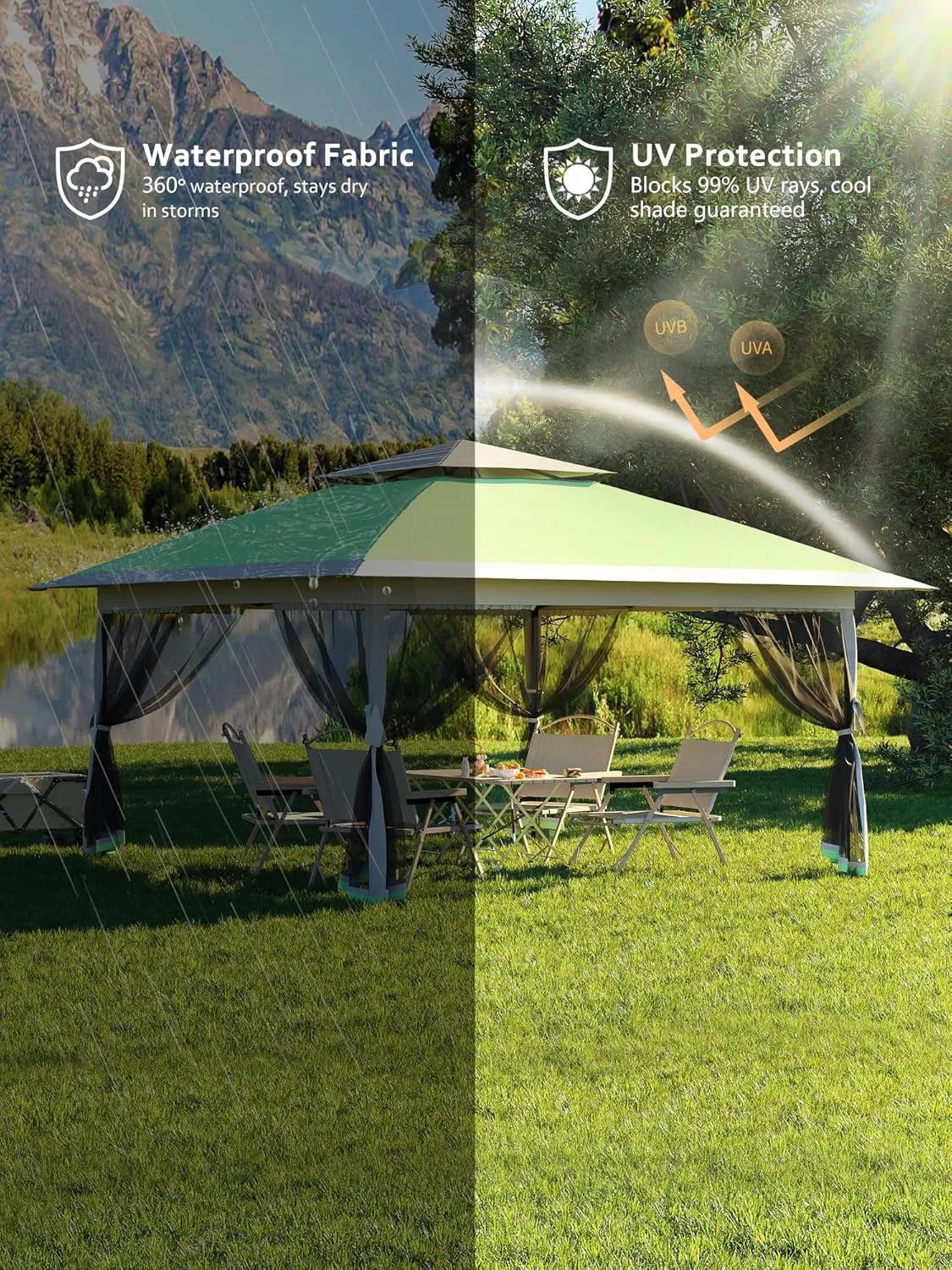 13x13 Pop up Gazebo,Outdoor Canopy Tent with Mosquito Netting,Outdoor Gazebo for Backyard & Patio Furniture,Pop Up Gazebos with Wheeled STO-N-Go Cover Bag (Olive Green Hemp Grey)