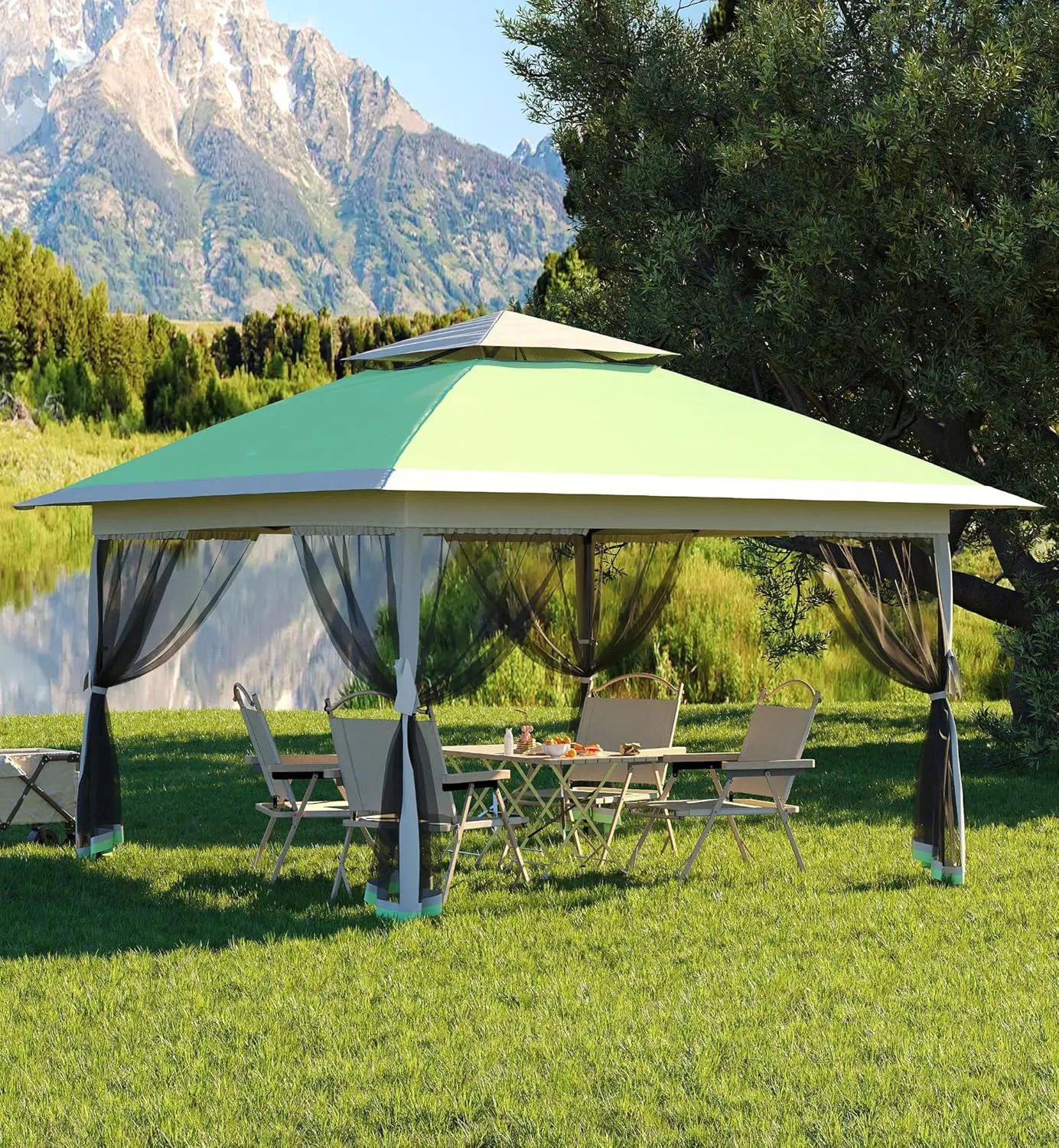 13x13 Pop up Gazebo,Outdoor Canopy Tent with Mosquito Netting,Outdoor Gazebo for Backyard & Patio Furniture,Pop Up Gazebos with Wheeled STO-N-Go Cover Bag (Olive Green Hemp Grey)