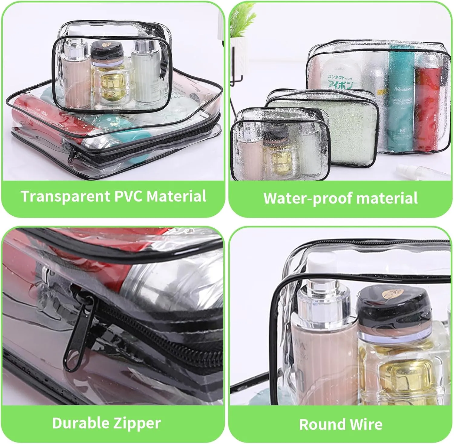 16 Pcs Clear Makeup Bag Bulk Toiletry Bag for Travel, Water-proof PVC Zippered Clear Pouch Cosmetic Makeup Bag Plastic Organizer Case for Vacation Bathroom Travel & Daily Use(Black Small)