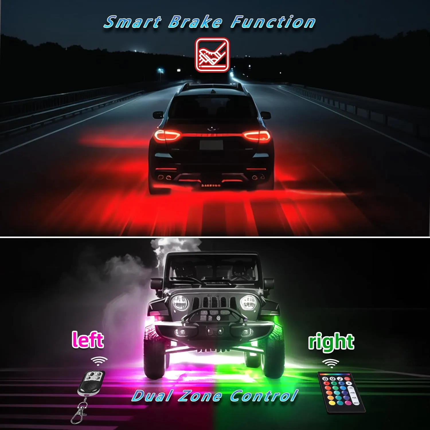 16Pods RGB LED Rock Lights Kit with APP/RF Remote Control, Car Underglow Lights with Dual Zone Brake Multicolor Neon Underbody Light Waterproof 12V for Trucks Pickup Jeep Golf Cart SXS ATV