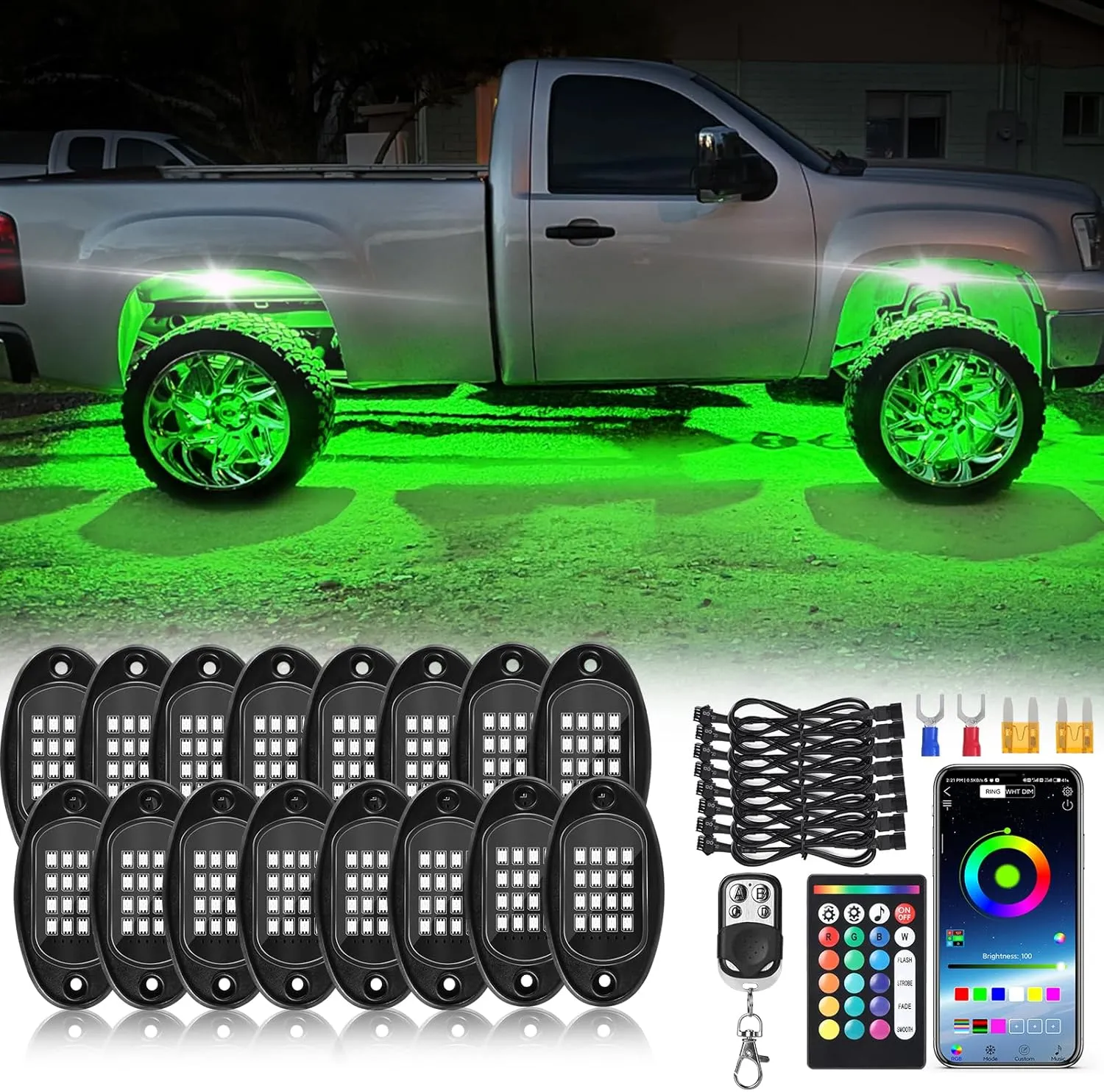 16Pods RGB LED Rock Lights Kit with APP/RF Remote Control, Car Underglow Lights with Dual Zone Brake Multicolor Neon Underbody Light Waterproof 12V for Trucks Pickup Jeep Golf Cart SXS ATV