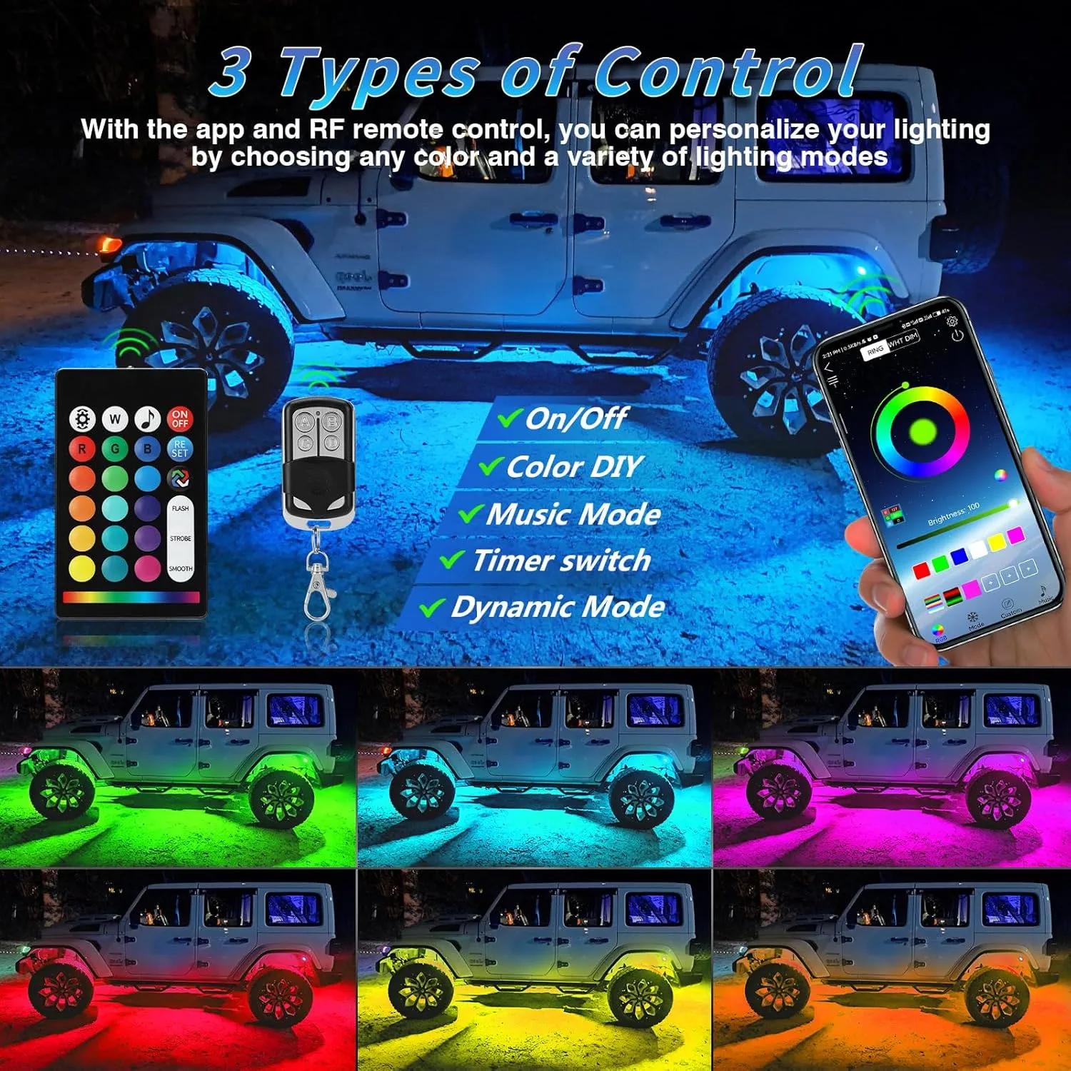 16Pods RGB LED Rock Lights Kit with APP/RF Remote Control, Car Underglow Lights with Dual Zone Brake Multicolor Neon Underbody Light Waterproof 12V for Trucks Pickup Jeep Golf Cart SXS ATV