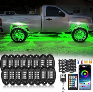 16Pods RGB LED Rock Lights Kit with APP/RF Remote Control, Car Underglow Lights with Dual Zone Brake Multicolor Neon Underbody Light Waterproof 12V for Trucks Pickup Jeep Golf Cart SXS ATV