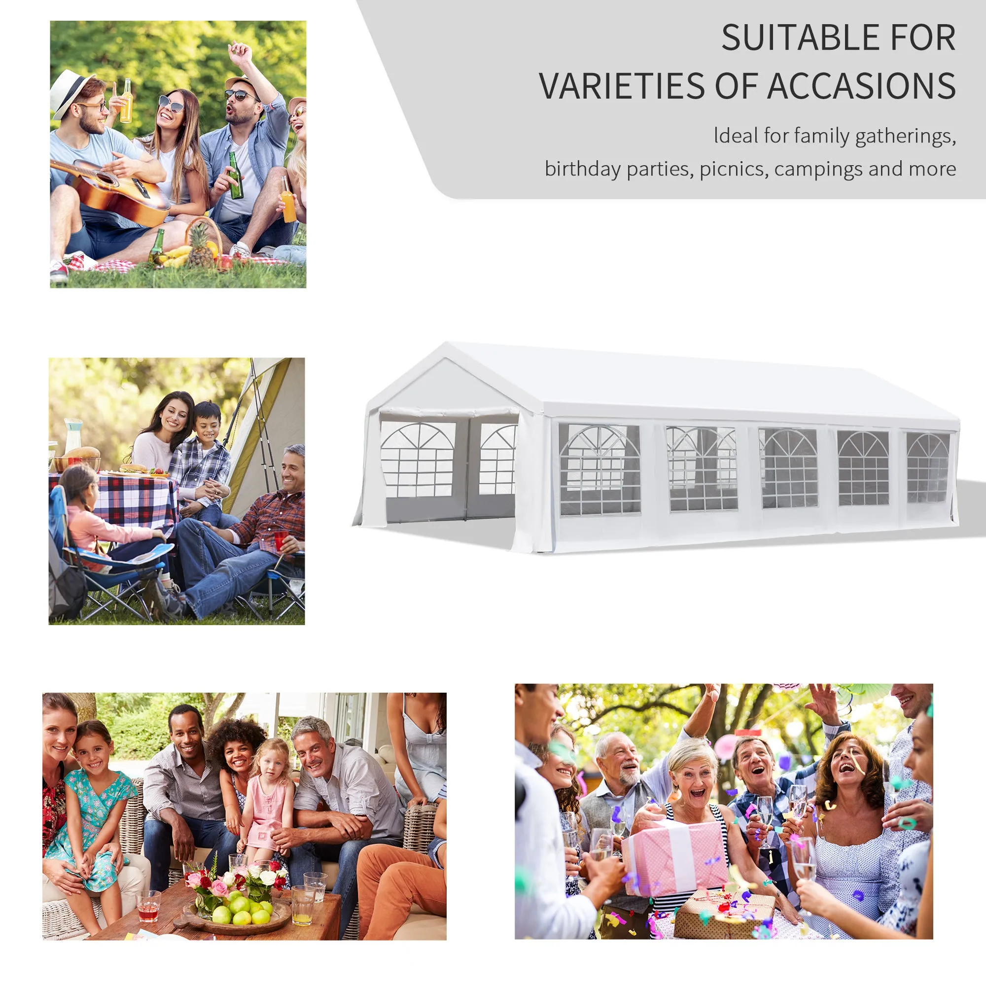 16'x32' Large Party Tent & Carport with Removable Sidewalls and Windows, Portable Garage Canopy Tent, Sun Shade Shelter, for Parties, Wedding, Outdoor Events, White