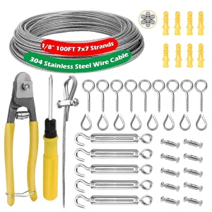 1/8" Metal Curtain Wire Hanging System, 100ft 7×7 Strands 304 Stainless Steel Vinyl Coated Tension Cable, Turnbuckles for Guy Wire Kit, Clothesline, Plant Climbing Long Rope, Outdoor String Lights