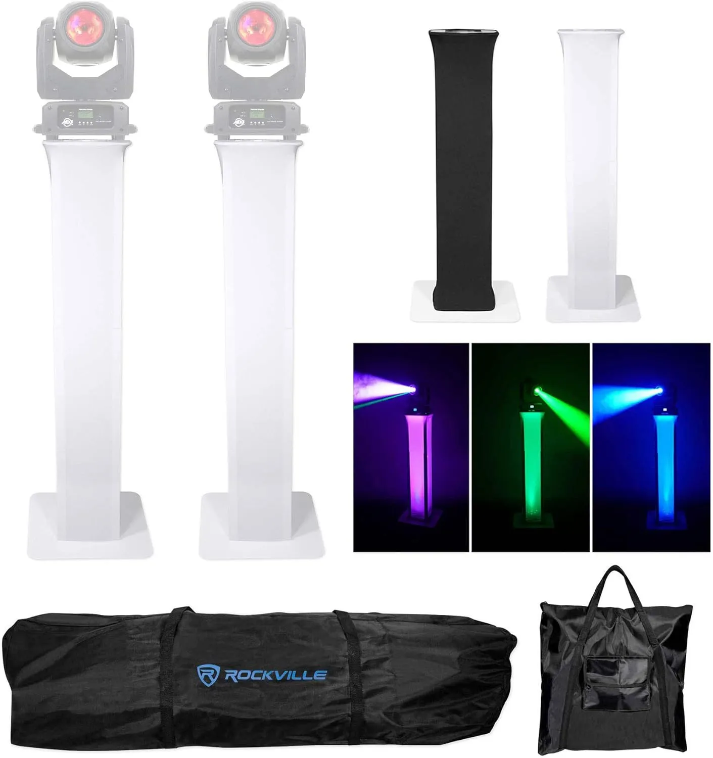 (2) Rockville RTP32W Totem Moving Head Light Stand Black White Scrims Carry Bags for American DJ Vizi Beam RXONE Lights