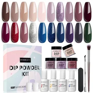 20 Colors Dip Powder Nail Kit Starter, AZUREBEAUTY Nude Plum Mauve Brown Nail Dipping Powder Liquid Set with Base/Top Coat for French Nails Art Manicure DIY Salon Home Gift