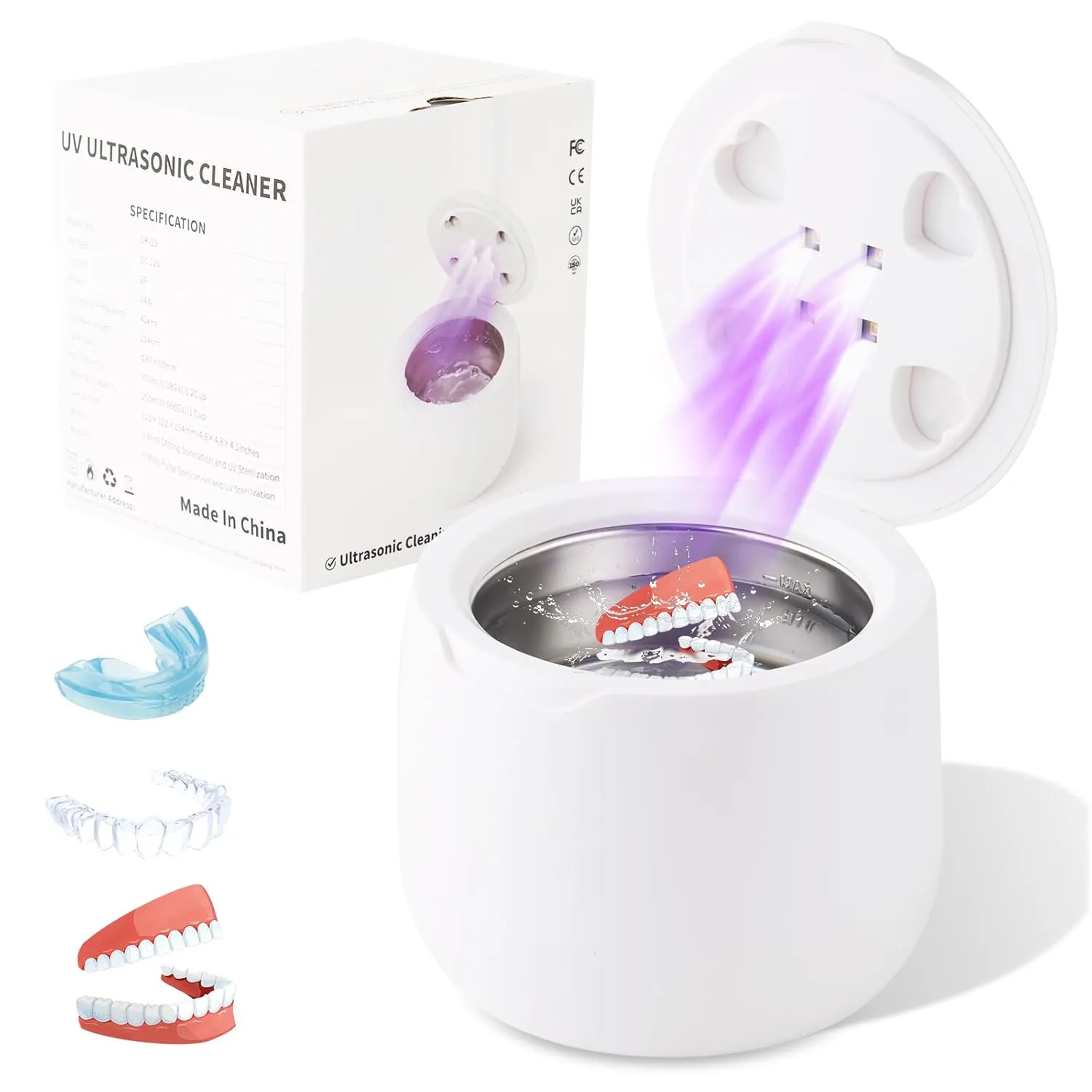 24W 42 kHz Ultrasonic Retainer Cleaner with 4 UV Lamps 360° Cleaning for Dentures, Mouth Guards, Braces, Toothbrush Heads, Jewelry with 250ML Capacity, 2 Modes for All Dental Appliances