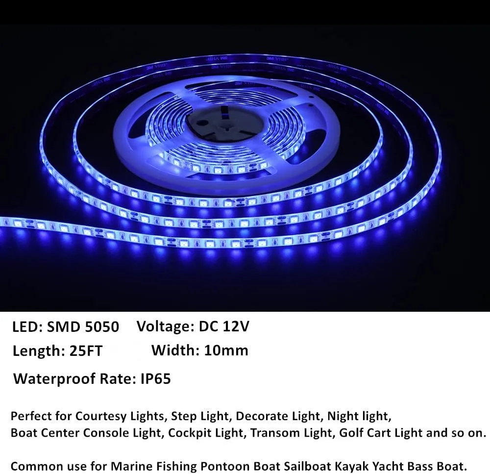 25FT LED Boat Lights, Waterproof Marine Pontoon Led Strip Lights, Boat Deck Interior Light, Boats Accessories, Under Gunnel Lighting, Night Fishing Light for Pontoon Fishing Boats (Blue)