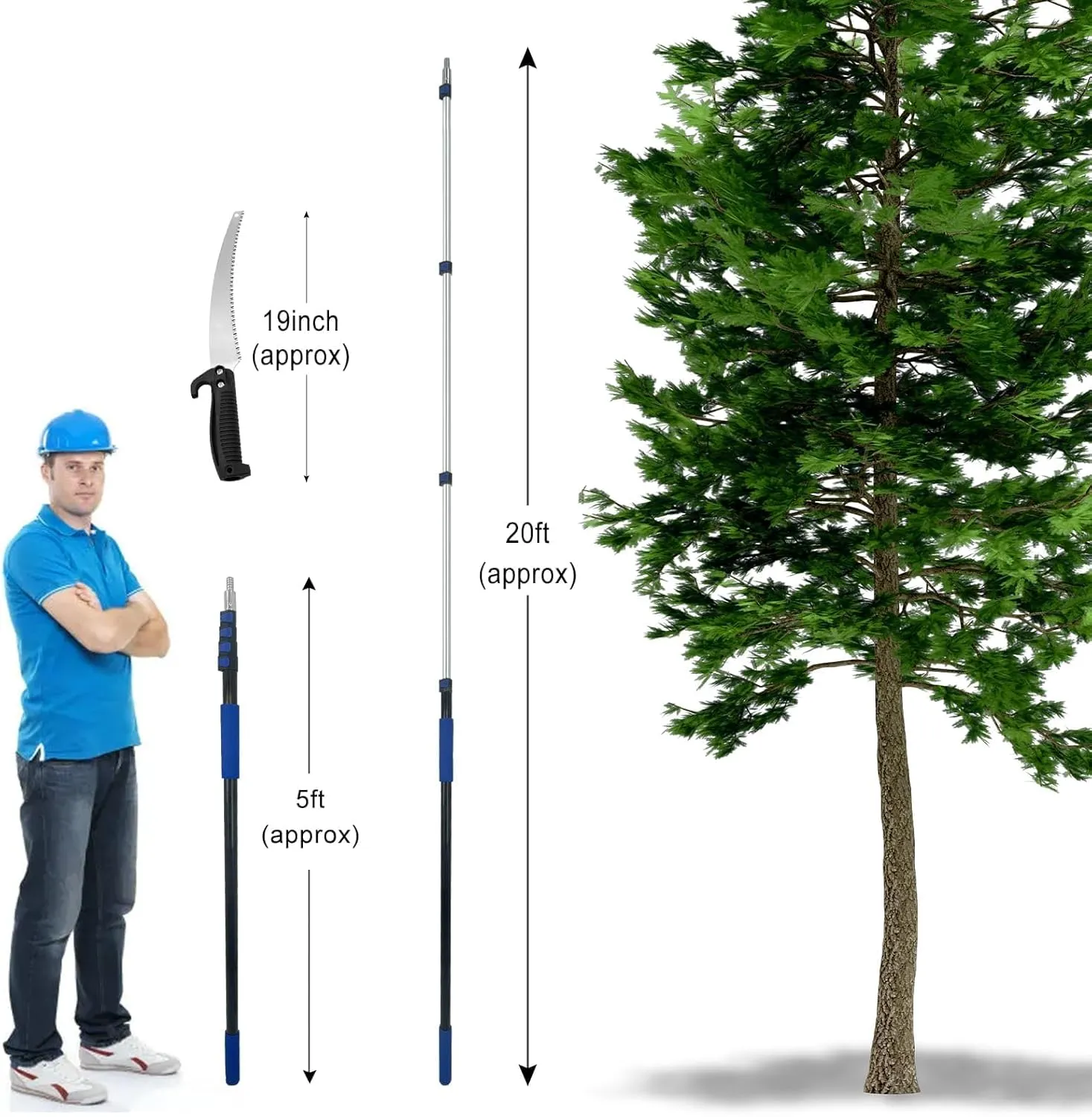 26FT Reach Pole Saws for Tree Trimming with 5-20FT Telescoping Extension Pole, Anti-slip Handle, Manual Pruning Pole Saw with 19" 3X Detachable Saw for Forestry, Yard, Garden, Patios