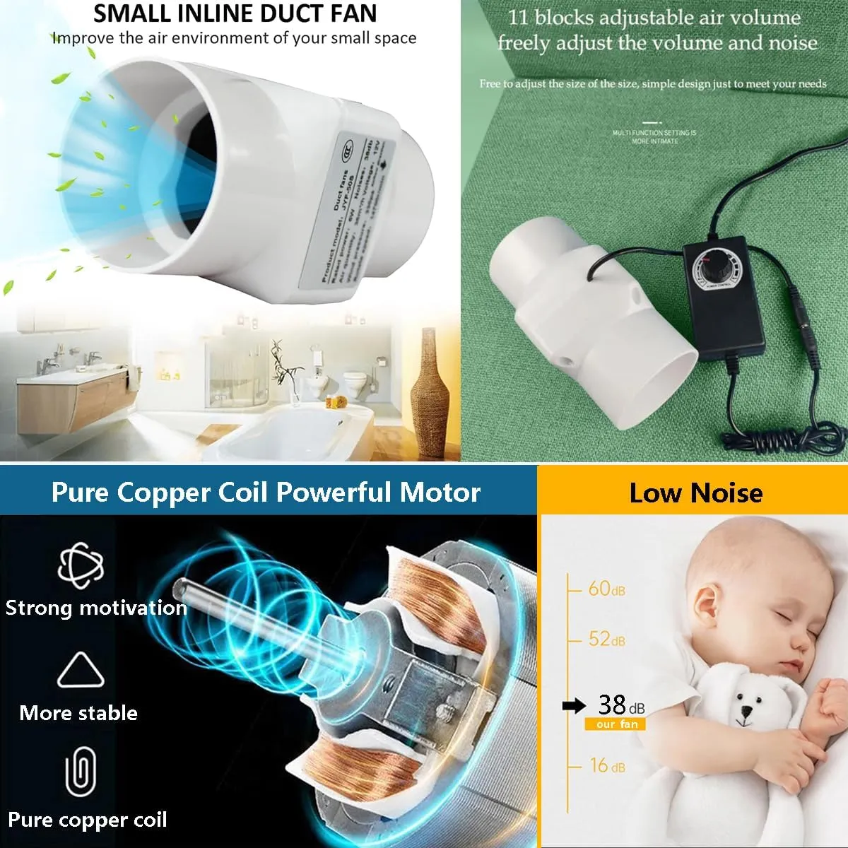 3 inch Inline Duct Fan with Adjustable Speed, 10 W 53 CFM Ventilation System High Efficiency Exhaust Air Fan for Greenhouse Bathroom Tent RV Yacht Basement Attic Kitchen Pet