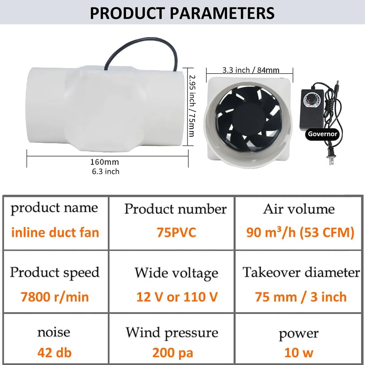 3 inch Inline Duct Fan with Adjustable Speed, 10 W 53 CFM Ventilation System High Efficiency Exhaust Air Fan for Greenhouse Bathroom Tent RV Yacht Basement Attic Kitchen Pet