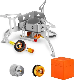 3500W Camping Stove, Backpacking Windproof Camp Stove with Piezo Ignition Carrying Case and 2 Additional Adapters, Compatable with Isobutane, Propane, Butane Tanks, Portable and Collapsible.