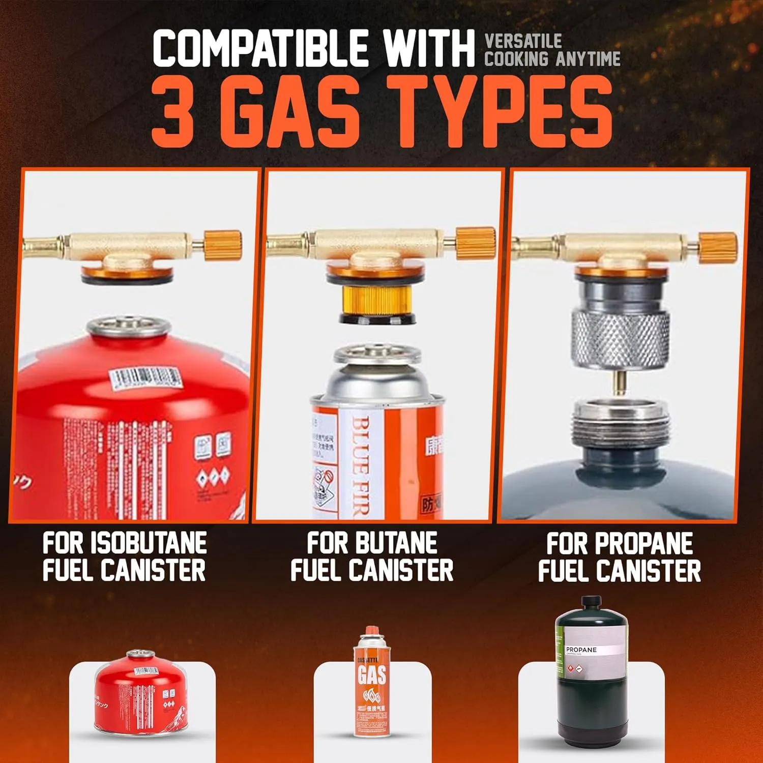 3500W Camping Stove, Backpacking Windproof Camp Stove with Piezo Ignition Carrying Case and 2 Additional Adapters, Compatable with Isobutane, Propane, Butane Tanks, Portable and Collapsible.