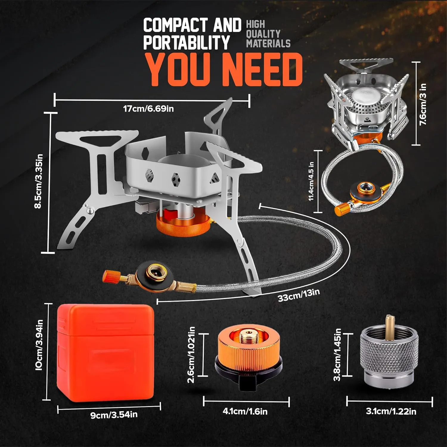 3500W Camping Stove, Backpacking Windproof Camp Stove with Piezo Ignition Carrying Case and 2 Additional Adapters, Compatable with Isobutane, Propane, Butane Tanks, Portable and Collapsible.