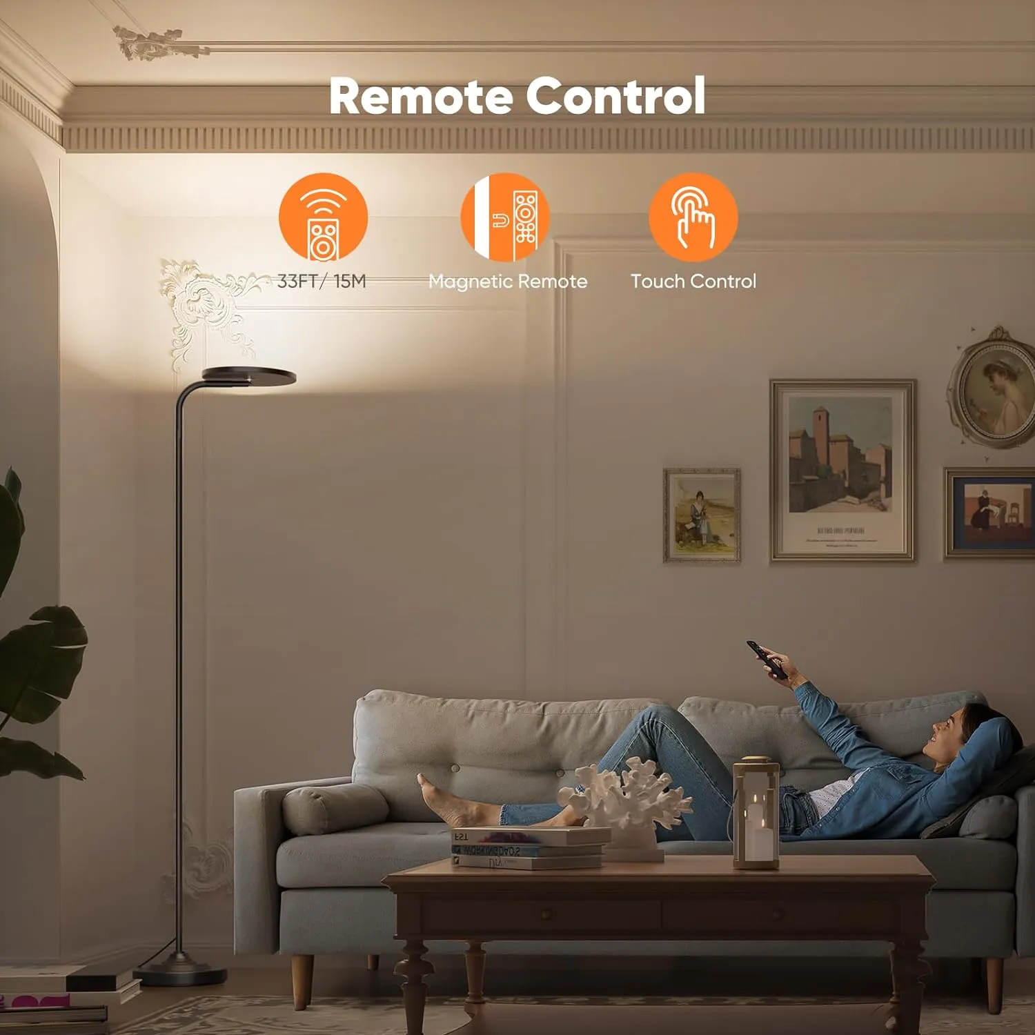 36W LED Floor Lamp, Super Bright Standing Lamp, Modern Stepless Dimmable Torchiere Tall Lamp with Remote Control, 350°Rotating Head Reading Floor Lamp for Living Room, Bedroom, Office