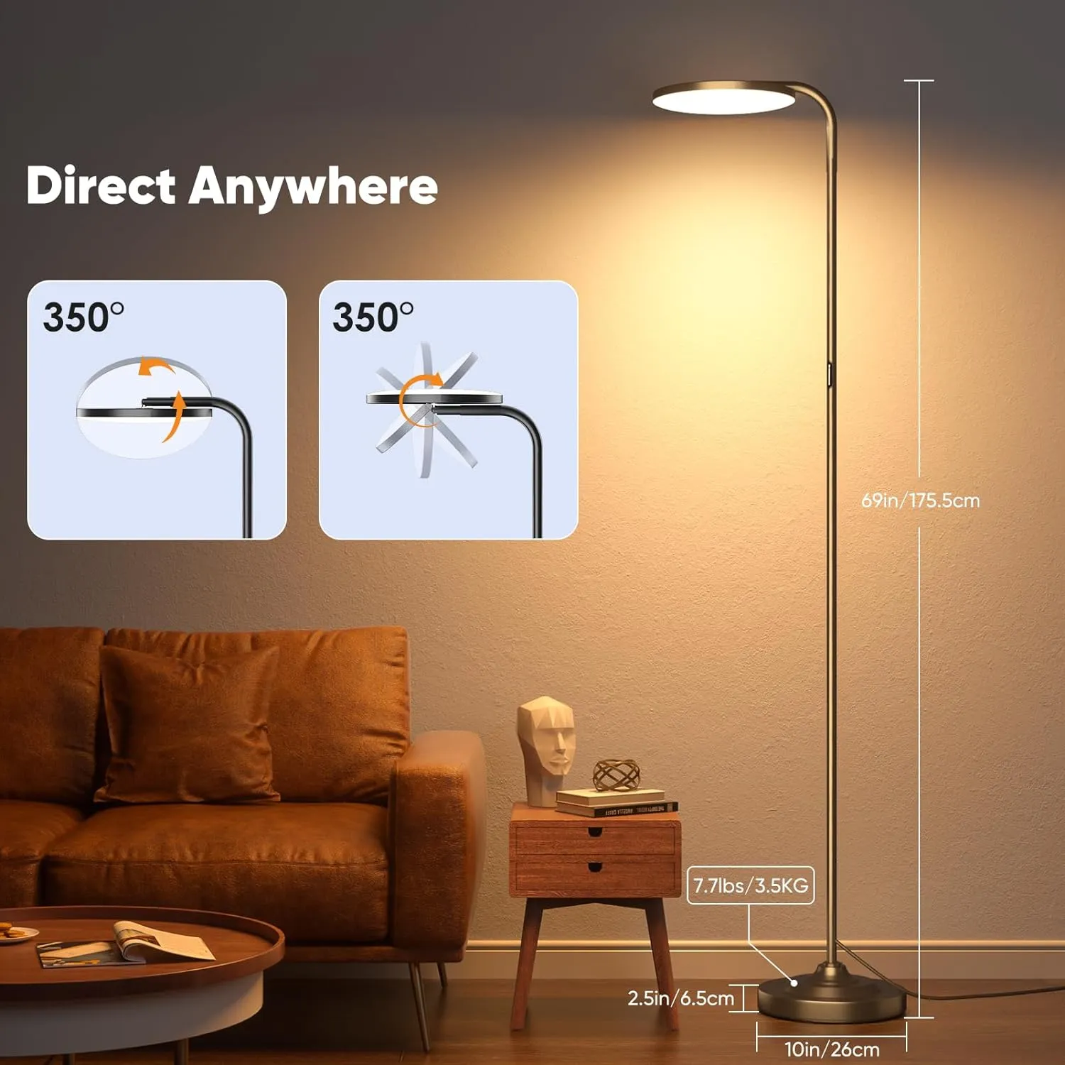 36W LED Floor Lamp, Super Bright Standing Lamp, Modern Stepless Dimmable Torchiere Tall Lamp with Remote Control, 350°Rotating Head Reading Floor Lamp for Living Room, Bedroom, Office