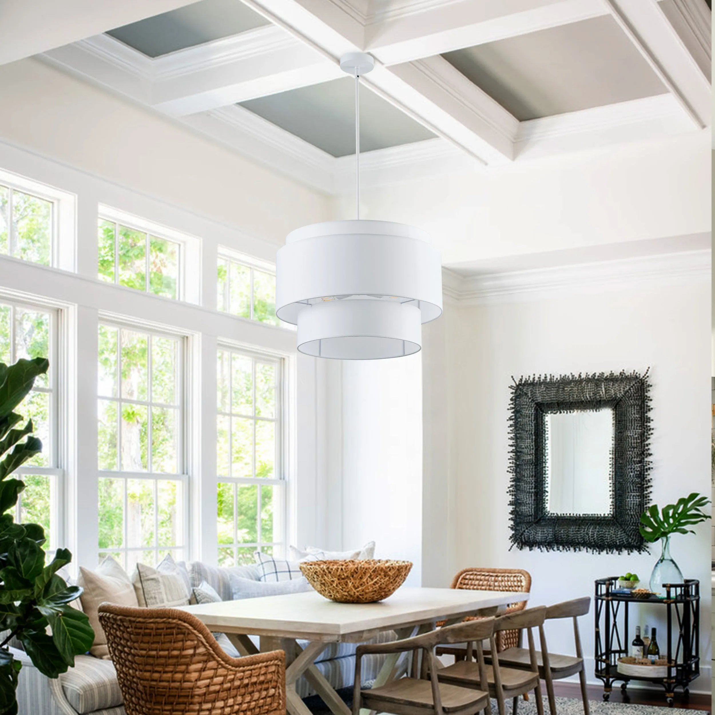 4-Light 21.65 in Oversize Three-Layer Fabric Column Shade Pendant Lighting