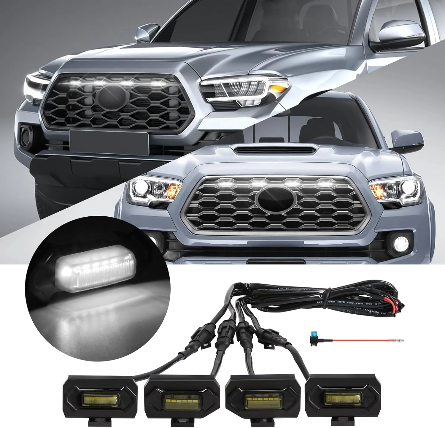 4 Pcs Grille Lights Compatible with Toyota Tacoma 2020 2021 2022 2023 TRD Off Road and Sport Models, OEM Style LED Front Grill Lights for Tacoma Accessories with Fuse & Harness (White)