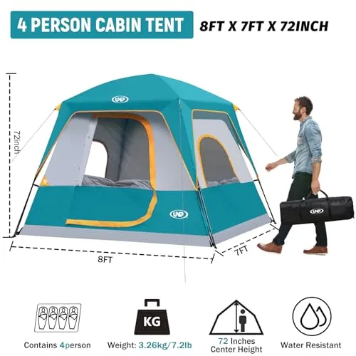 4-Person Tent Portable Cabin Tent Camping Tent, 4-Person Easy Set Up Waterproof w/ Top Rainfly