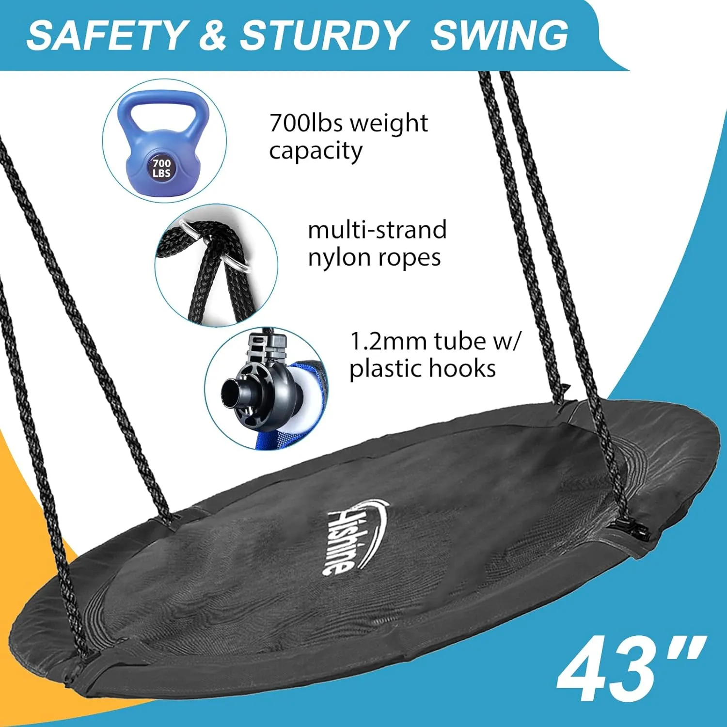 43 inch Saucer Tree Swing for Kids,Flying Round Swing Heavy Duty, Waterproof and All-Weather Resistant Textilene,Swivel,Adjustable Strong Ropes,Easy to Install,Outdoor Playground Backyard