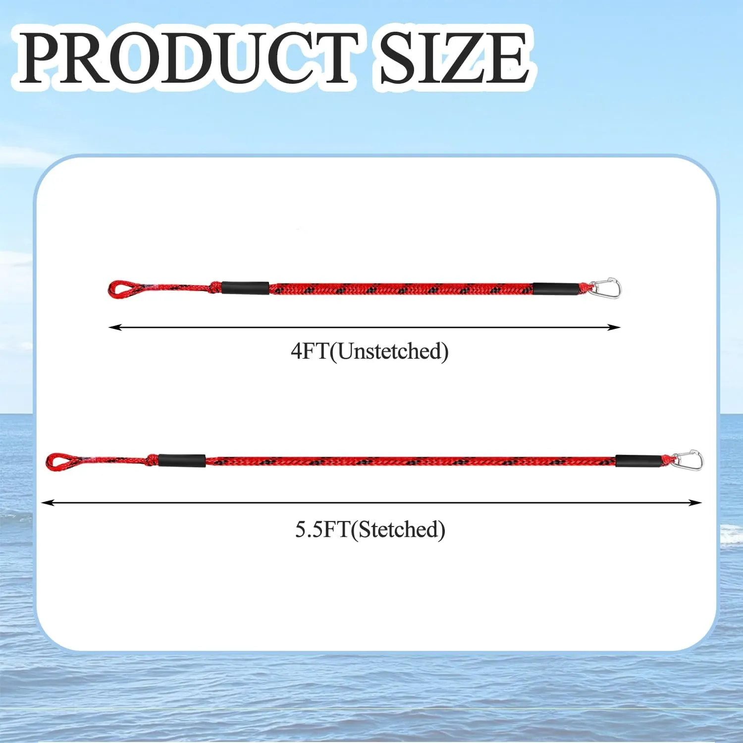 4FT Boat Bungee Dock Line Marine Rope 2-Pack for Temporary Boat Docking, with 316 Stainless Steel Clip,Boat Accessory for Kayak, Pontoon, Watercraft, Canoe, Power Boat (RED)