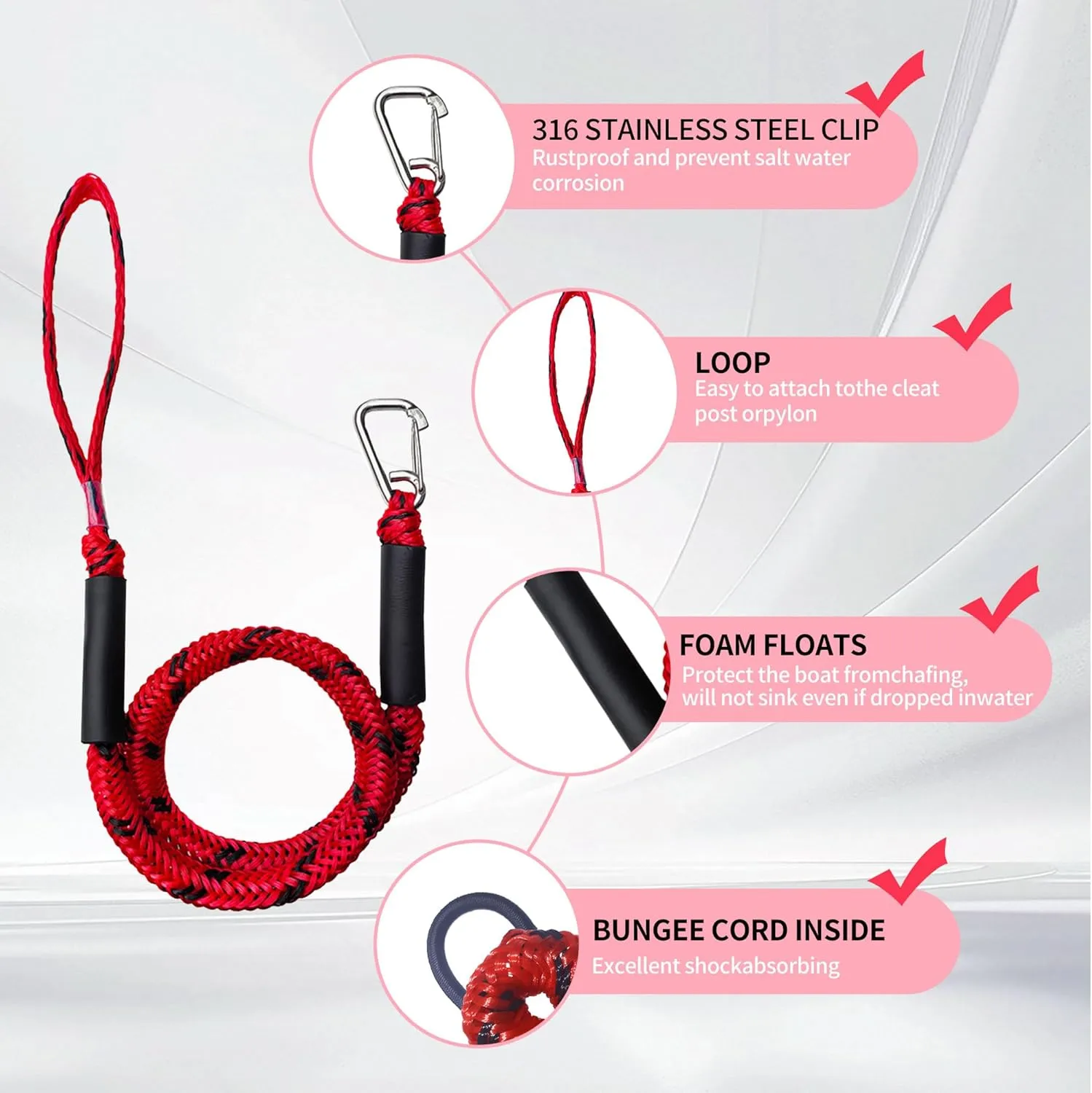 4FT Boat Bungee Dock Line Marine Rope 2-Pack for Temporary Boat Docking, with 316 Stainless Steel Clip,Boat Accessory for Kayak, Pontoon, Watercraft, Canoe, Power Boat (RED)