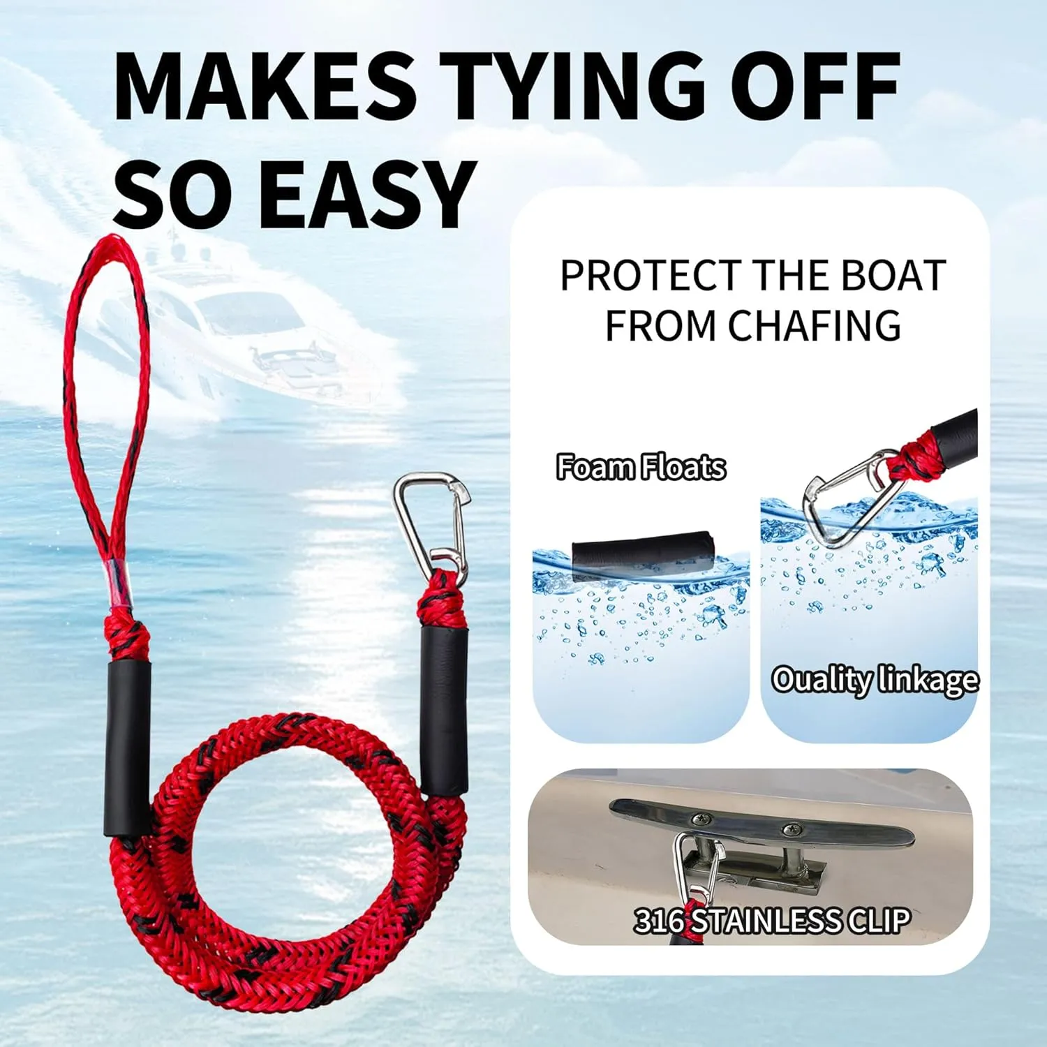 4FT Boat Bungee Dock Line Marine Rope 2-Pack for Temporary Boat Docking, with 316 Stainless Steel Clip,Boat Accessory for Kayak, Pontoon, Watercraft, Canoe, Power Boat (RED)
