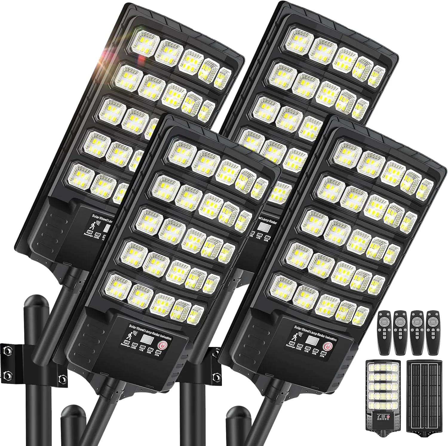 4Pack Solar Street Lights Outdoor Waterproof, 30000LM 6500K LED Motion Sensor Lights, Dusk to Dawn Solar Flood Lights with Remote, Solar-Powered Parking Lot Light, Commercial Area Lighting for Outside