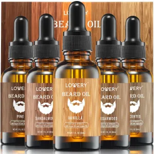 (5 Pack) Beard Oil for Men, Natural Mens Beard Oil Kit Variety Set - Sandalwood, Vanilla, Cedarwood, Pine, Unscented, with Argan & Jojoba Oil, Mens Beard Softener Grooming Fathers Gifts for Him Dad
